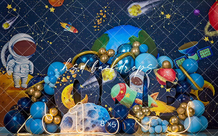 One in Space Boys Cake Smash Photography Backdrop – Outer Space First Birthday Portrait Scene | HSD Backdrops