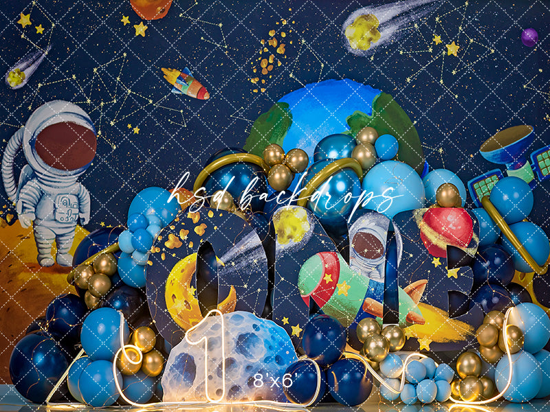 One in Space Boys Cake Smash Photography Backdrop – Outer Space First Birthday Portrait Scene | HSD Backdrops