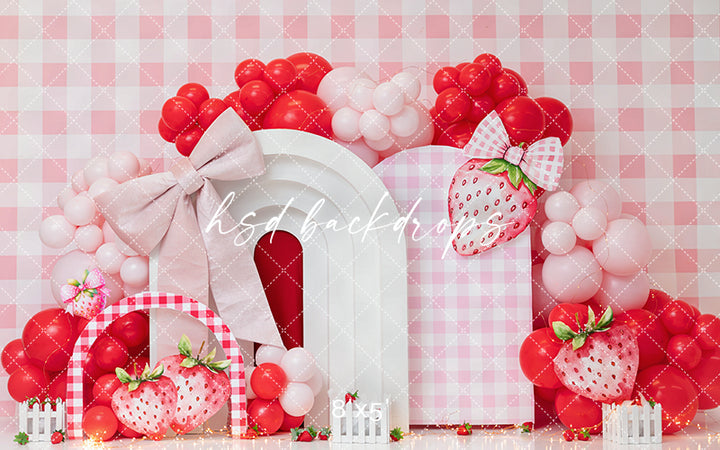 Berry Berry Sweet Strawberry Cake Smash Photography Backdrop – Pink Birthday Portrait Scene | HSD Backdrops