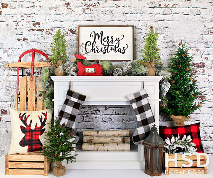 Plaid Christmas Fireplace - HSD Photography Backdrops 