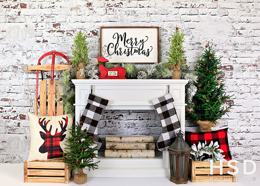 Plaid Christmas Fireplace - HSD Photography Backdrops 