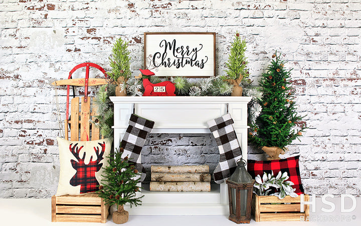 Plaid Christmas Fireplace - HSD Photography Backdrops 