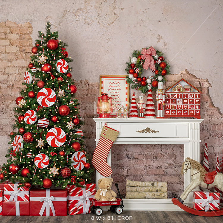 Rustic Christmas candy cane backdrop with fireplace and Christmas tree