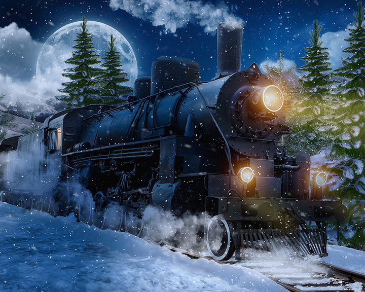 Christmas Train Backdrop. Winter express Train to North Pole Backdrop. 