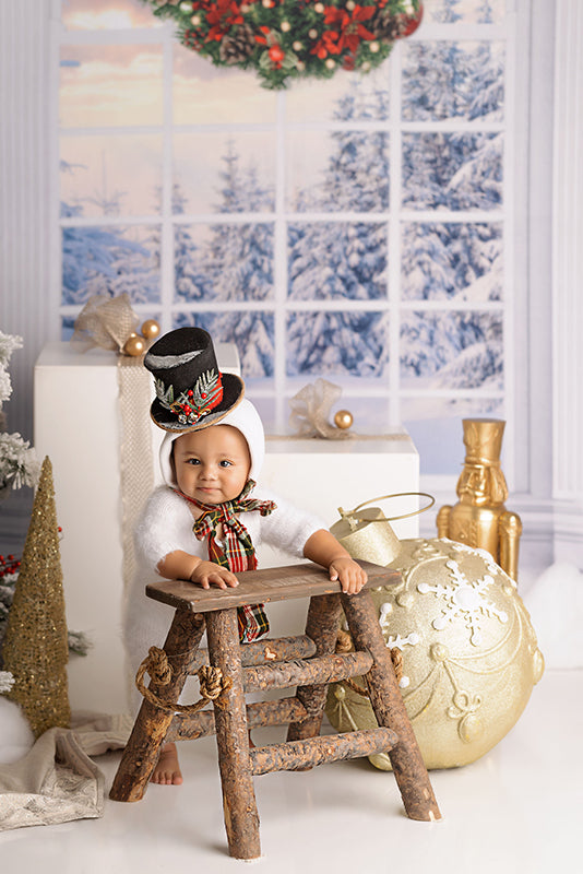 Christmas window backdrop with view of snowy winter forest Christmas window backdrop with view of snowy winter forest