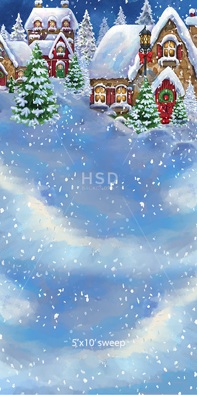 Backdrop and floor of Christmas mountain village with snow