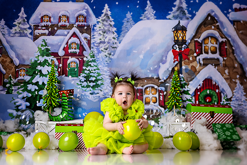 Picture Backdrop with Winter Christmas Village and Snow