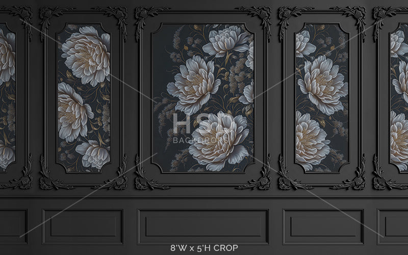 Maternity Boudoir Backdrop | Dark Slate Elegant Floral Wainscot Wall