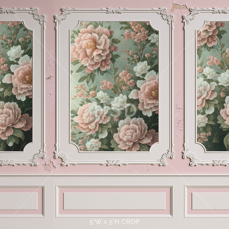 Maternity Photo Backdrop | Vintage Pink Floral Wainscot Wall Backdrop