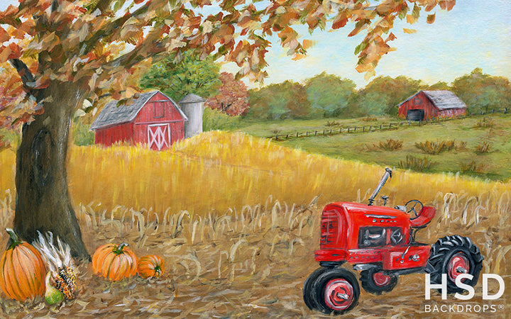 Red Tractor on the Fall Farm - HSD Photography Backdrops 