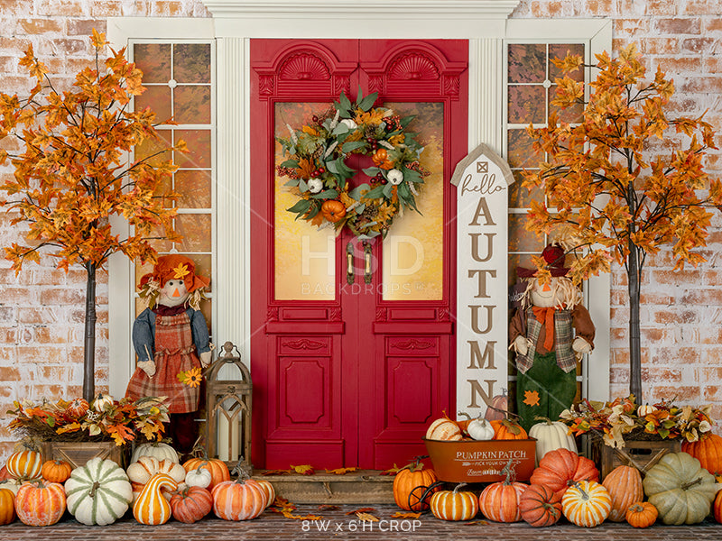 Festive Fall Door Photo Backdrop With Autumn Leaves And Trees