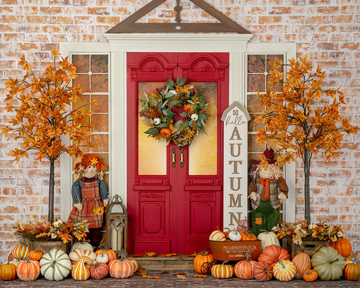 Festive Fall Door Photo Backdrop with Autumn Leaves and Trees