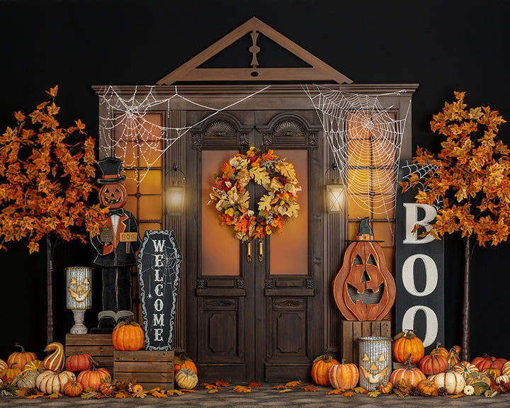 Large Halloween Photo Backdrop for Pictures or Party Photo Booth. This design features pumpkins, fall trees and a spooky touch.