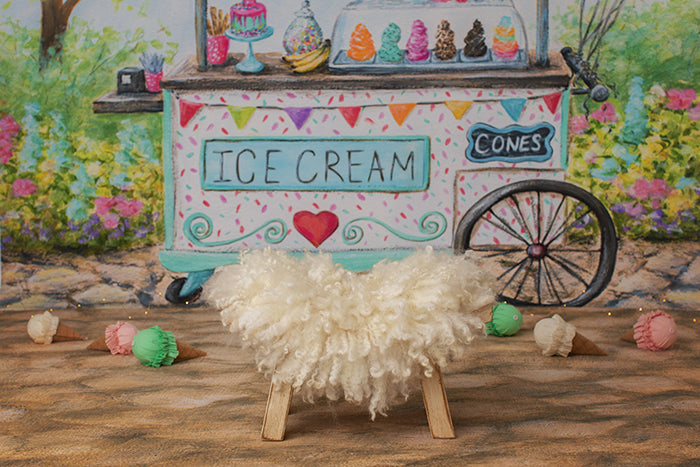 Ice Cream Cart Photo Backdrop Background for Summer Photoshoot Kids