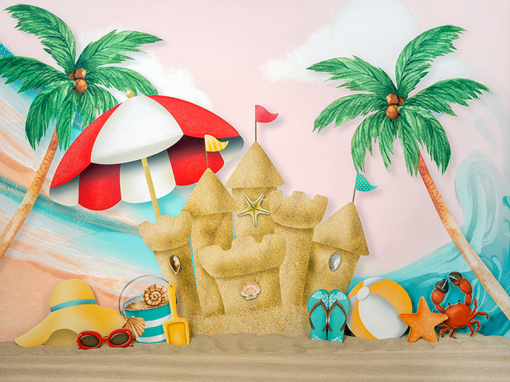 Summer photo backdrop of beach castle with a tropical beach theme for summer mini sessions or cake smash photos