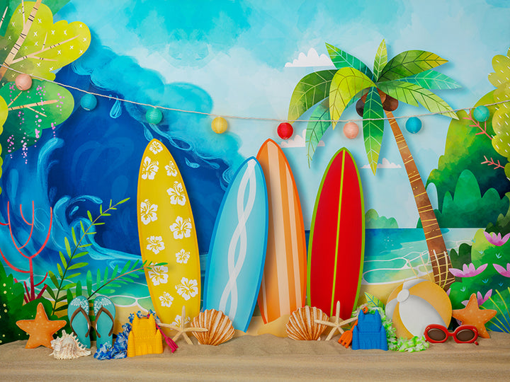 Summer photo backdrop of tropical beach and surf boards for summer mini sessions