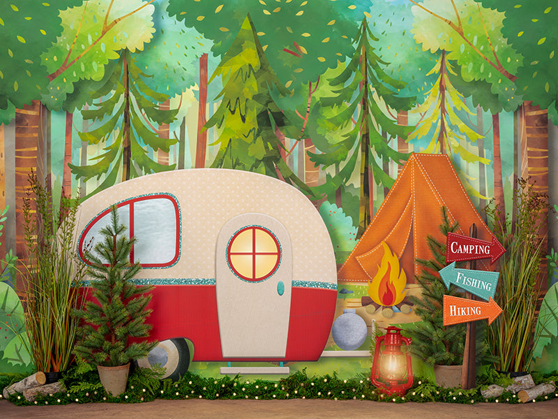 Summer backdrop with outdoor camping scene in the woods for cake smash photod