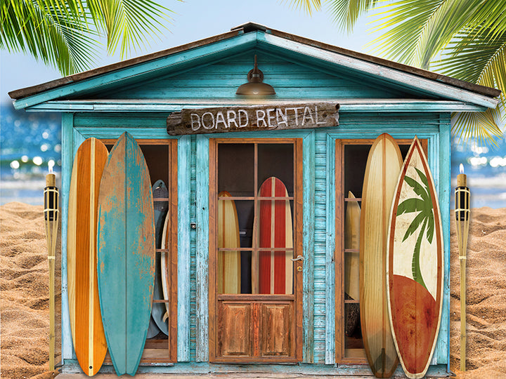 Summer backdrop of beach and surf shop 