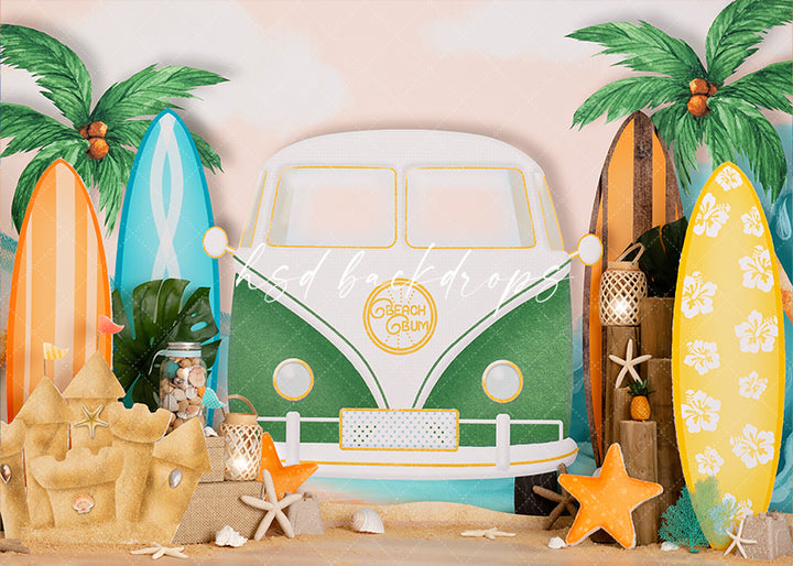 Boys Summer Beach Backdrop for Photography with Van and Ocean Scene
