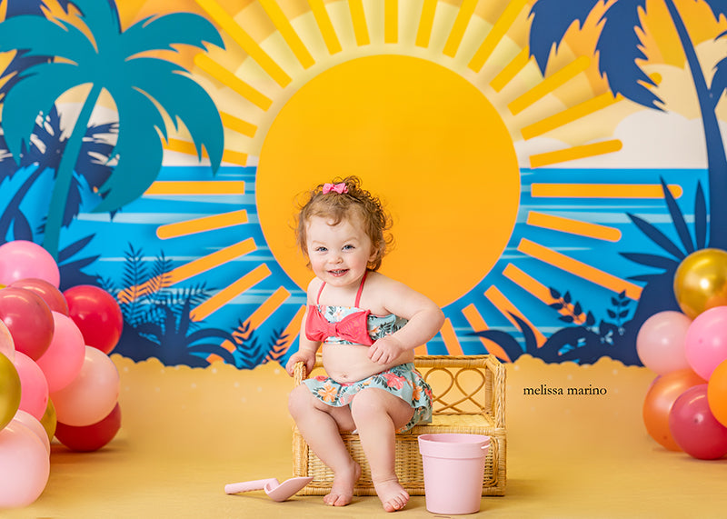 Retro Sunset Beach Photo Backdrop with Palm Trees for Summer