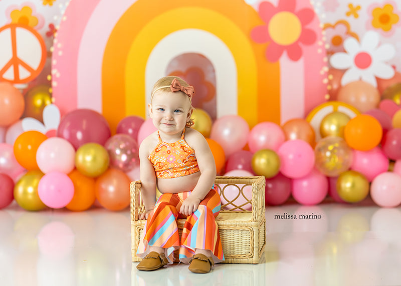 Groovy One Backdrop | Rainbow Flower Power Hippie Photo Background