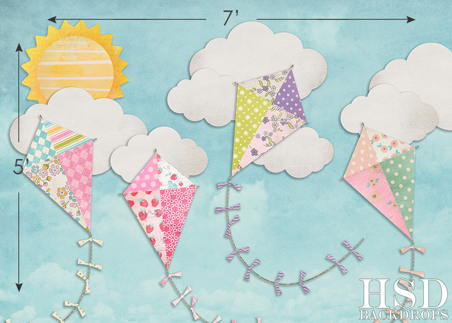 Spring Photography Backdrop Kites Clouds, Photo Background for Girls