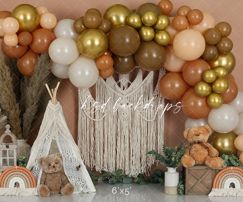 Boho Birthday Backdrop with Balloons and Teddy Bears for Cake Smash